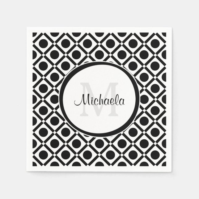 Modern Black and White Geometric Monogram and Name Napkin (Front)