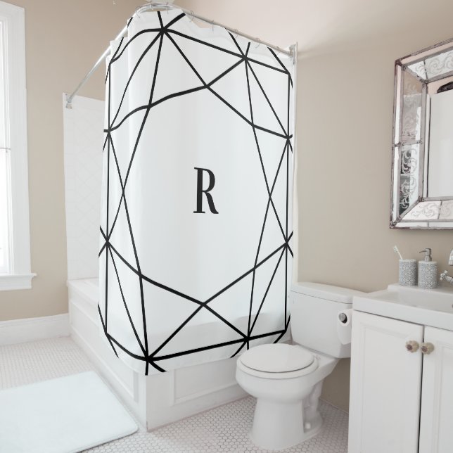 Modern Black and White Geometric | Monogram Shower Curtain (In Situ)