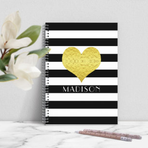 Modern Black And White Gold Heart Notebook