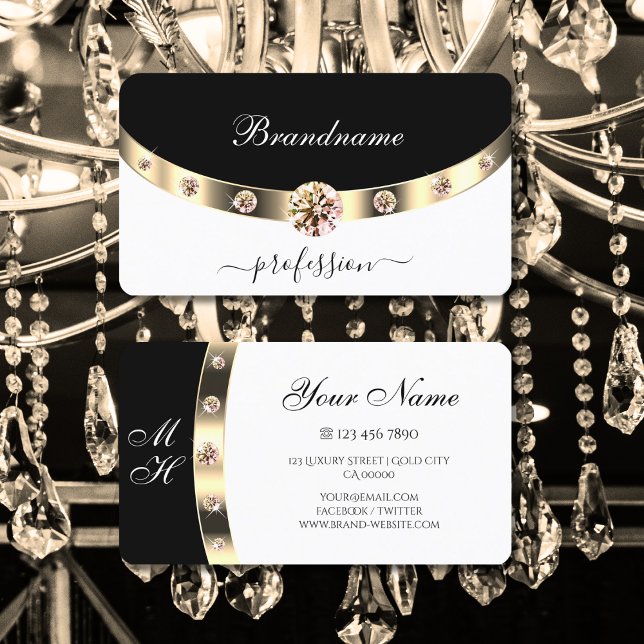 Modern Black and White Gold Sparkling Rhinestones Business Card (Creator Uploaded)