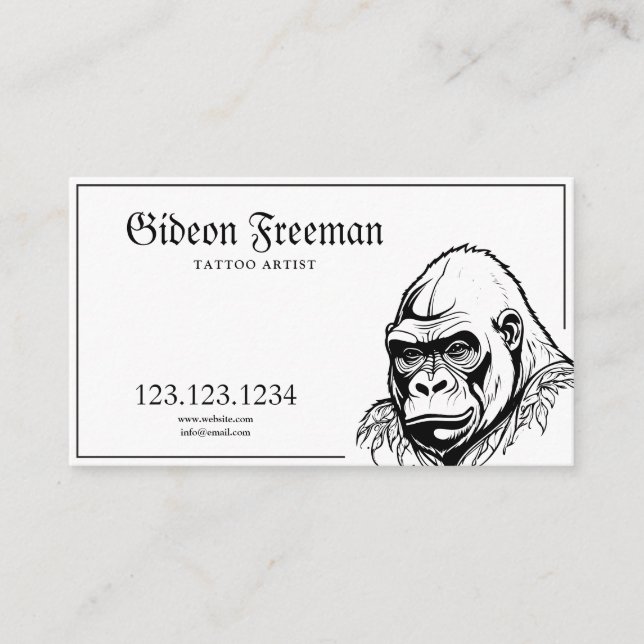 Modern Black and White Gorilla Tattoo Artist Business Card (Front)