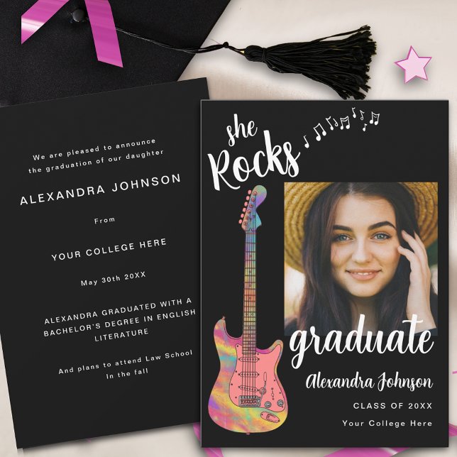 Modern Black and White Graduate Photo Pink Guitar Invitation (Fun Pink guitar graduate photo Black and white stylish script Graduation announcement card)
