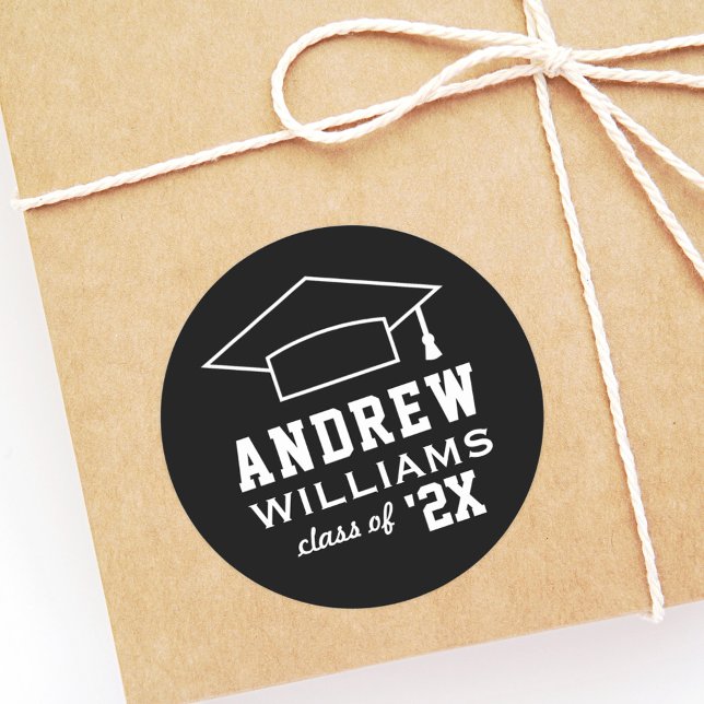 Modern Black and White Graduation Cap Custom Name Classic Round Sticker (Creator Uploaded)