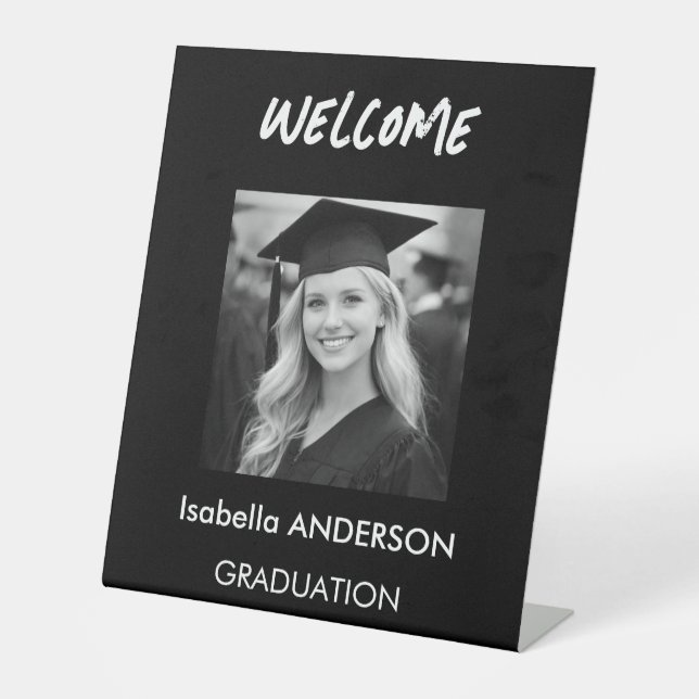 Modern Black and White Graduation Party Pedestal Sign (Front)