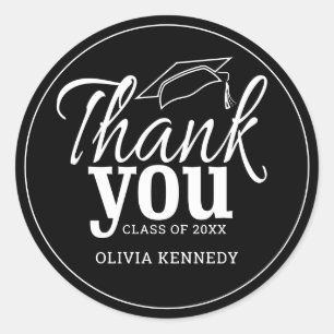 Modern Black And White Graduation Thank You   Classic Round Sticker