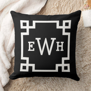 Modern Black and White Greek Key Custom Monogram Cushion