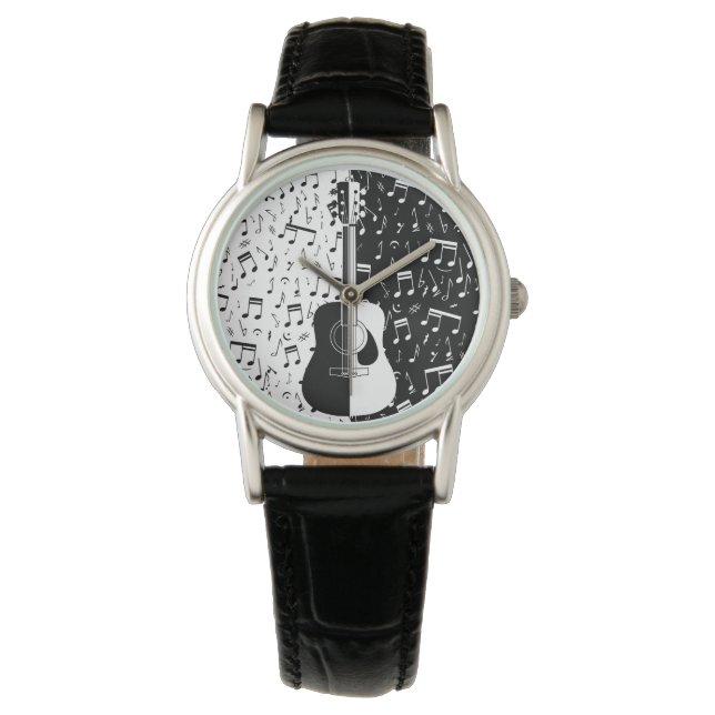 Modern  black and white guitar Music notes Ladies Watch (Front)