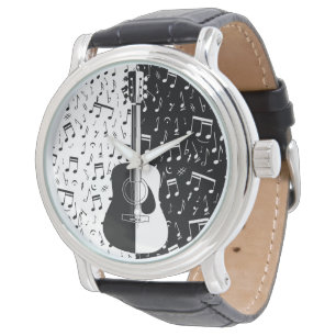Modern  black and white guitar Music notes Mens Watch