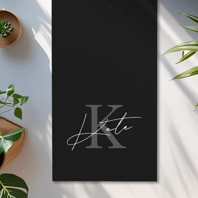 Modern Black and White Hand Script Monogram Yoga Mat (Creator Uploaded)