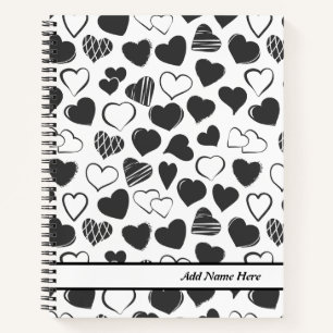 Modern Black and White Heart Customisable Name Notebook