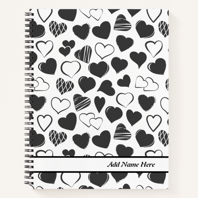 Modern Black and White Heart Customisable Name  Notebook (Front)