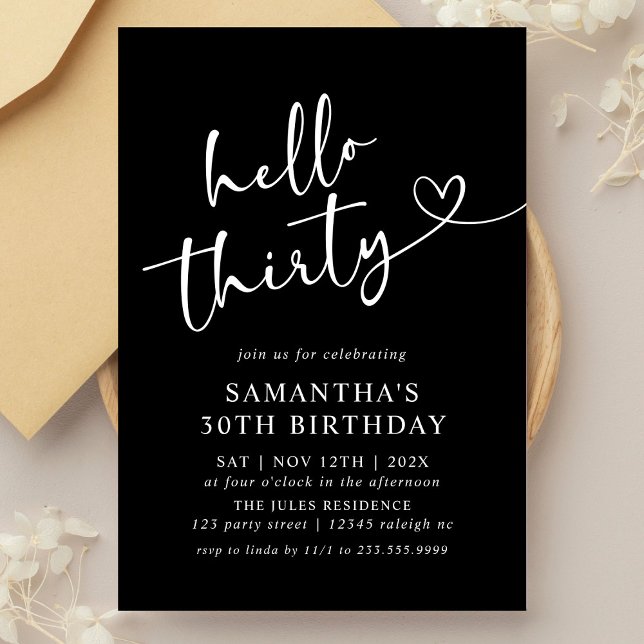 Modern Black and White Hello 30th Birthday Party Invitation (Creator Uploaded)