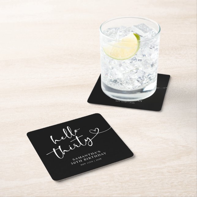 Modern Black and White Hello 30th Birthday Square Paper Coaster (Insitu)