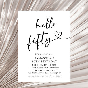 Modern Black and White Hello Fifty Birthday Party Invitation