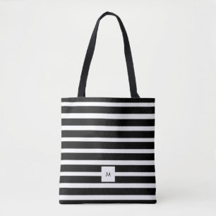 Modern black and white horizontal stripes monogram tote bag