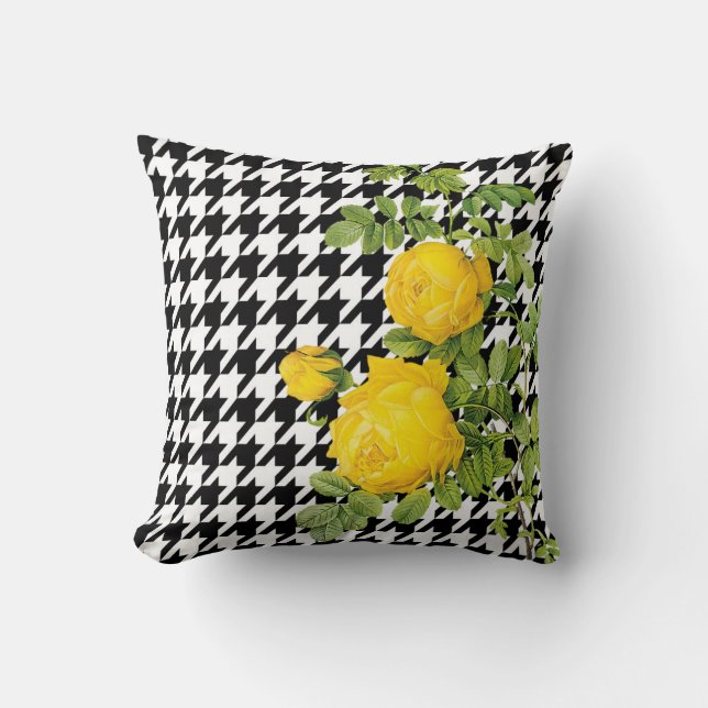 Modern Black and White Houndstooth Yellow Roses Cushion (Front)