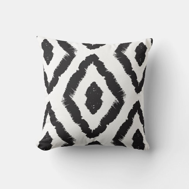 Modern Black and White Ikat Abstract Graphic Cushion (Front)