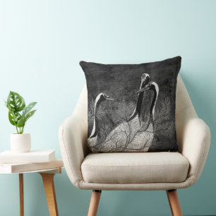 Modern Black and White Japanese Cranes Cushion