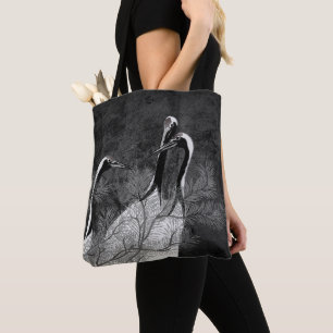 Modern Black and White Japanese Cranes Tote Bag