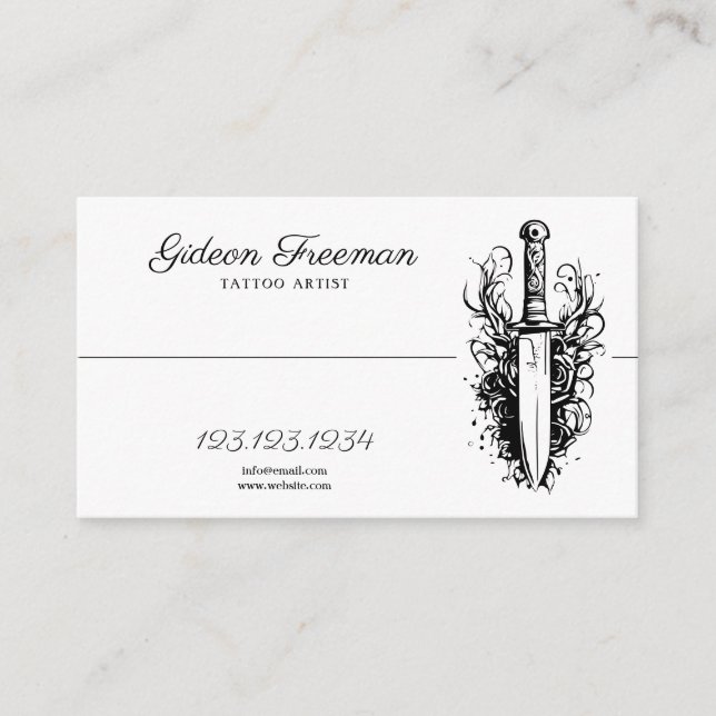 Modern Black and White Knife Tattoo Artist Business Card (Front)