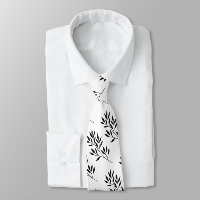 Modern Black and White Leaf Pattern Wedding Tie (Tied)