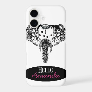 Modern black and white line tangle elephant