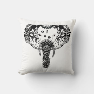 Modern black and white line tangle elephant cushion