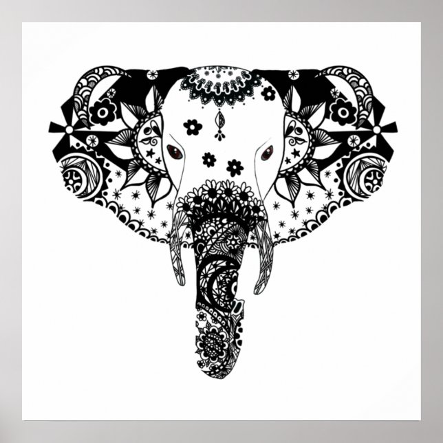 Modern black and white line tangle elephant poster (Front)
