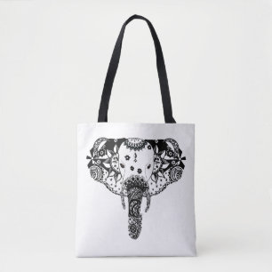 Modern black and white line tangle elephant tote bag