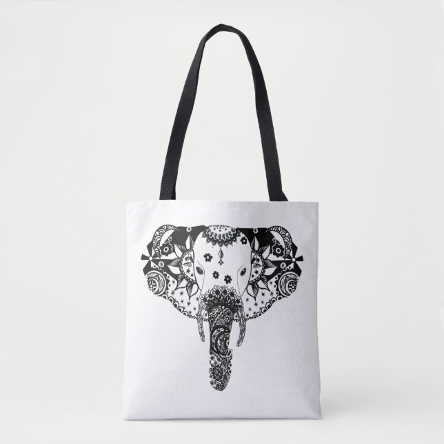 Modern black and white line tangle elephant tote bag (Front)