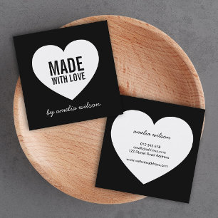 Modern Black and White Made with Love Heart Square Business Card