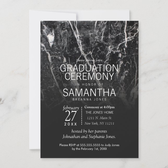 Modern Black and White Marble Graduation Ceremony Invitation (Front)
