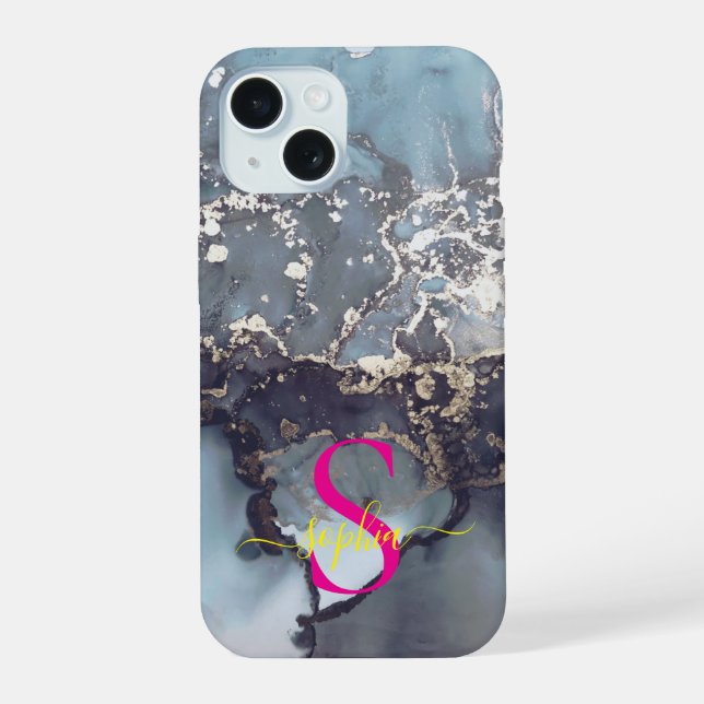 modern black and white marble monogram iPhone 15 case (Back)