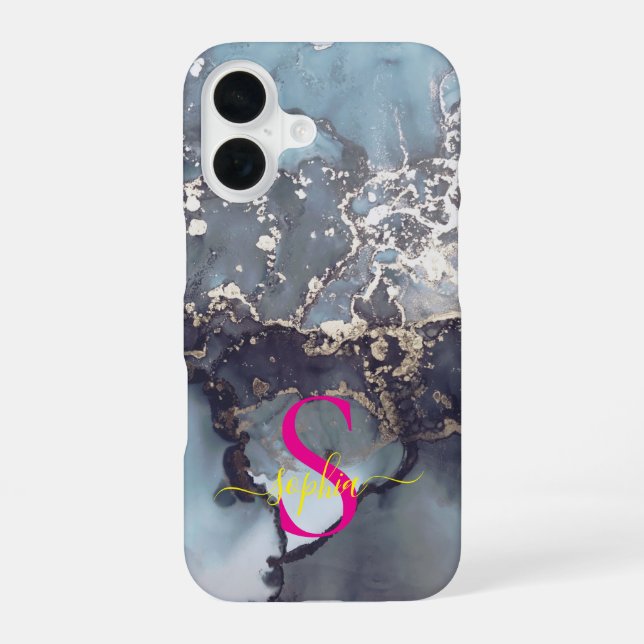 modern black and white marble monogram iPhone 16 case (Back)