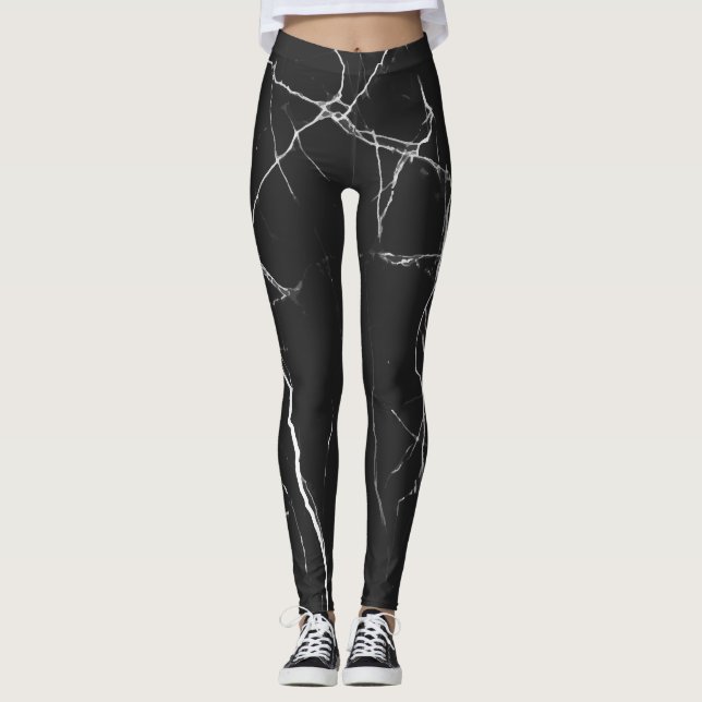Modern Black and White Marble Pattern Leggings (Front)
