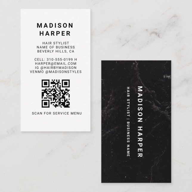 Modern Black and White Marble QR Code Business Card (Front/Back)