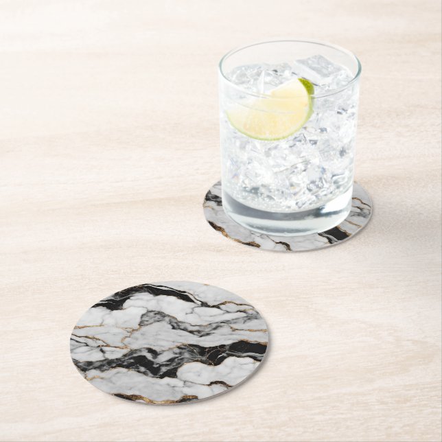 Modern Black and White Marble Round Paper Coaster (Insitu)