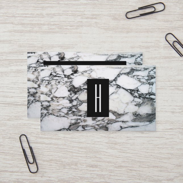 Modern Black and White Marble Stone, Monogram 2 Business Card (Front/Back In Situ)