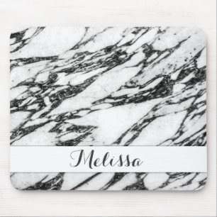 Modern Black and White Marble Stone Monogram Mouse Pad