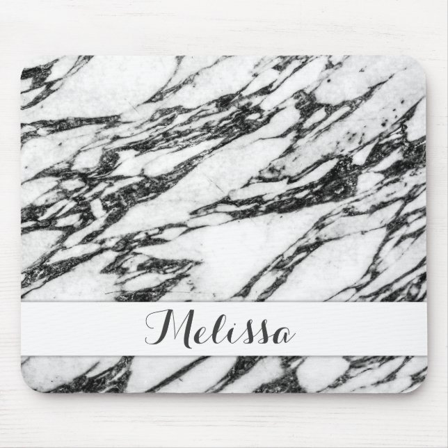 Modern Black and White Marble Stone Monogram Mouse Pad (Front)