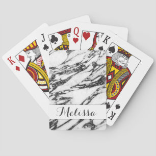 Modern Black and White Marble Stone Monogram Playing Cards