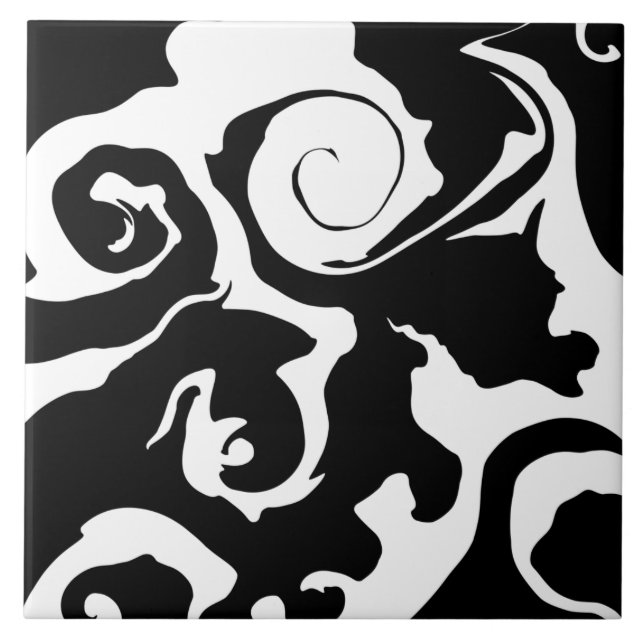Modern Black and White marble swirl Ceramic Tile (Front)