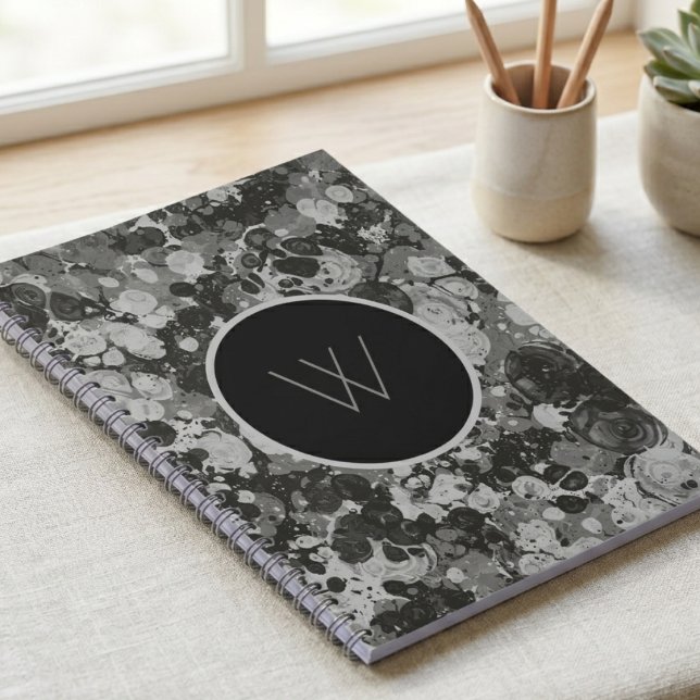 Modern Black and White Marble Swirl Monogram Notebook (Modern marble swirl notebook for a sophisticated home office upgrade.)