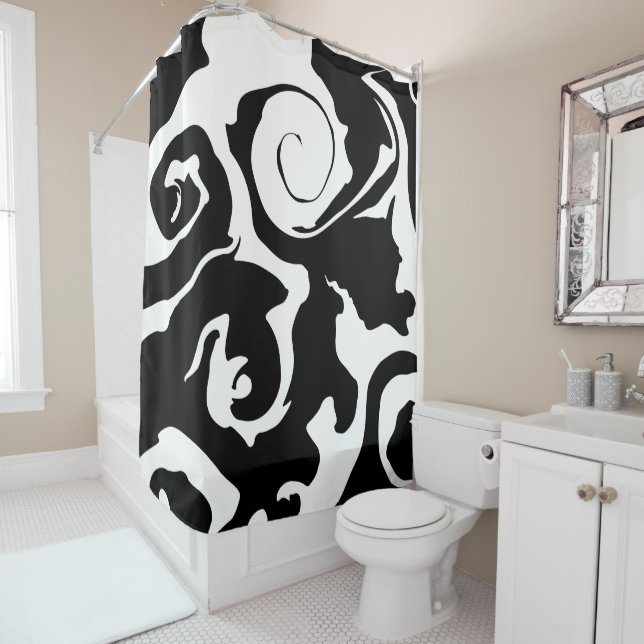 Modern Black and White marble swirl Shower Curtain (In Situ)