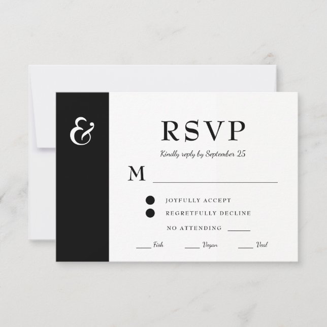 Modern black and white meal options wedding RSVP card (Front)