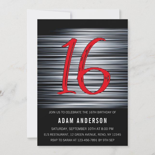 Modern Black And White Men's 16th Birthday Invitation (Front)