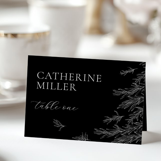 Modern Black And White Minimal Leaves Place Card (Creator Uploaded)