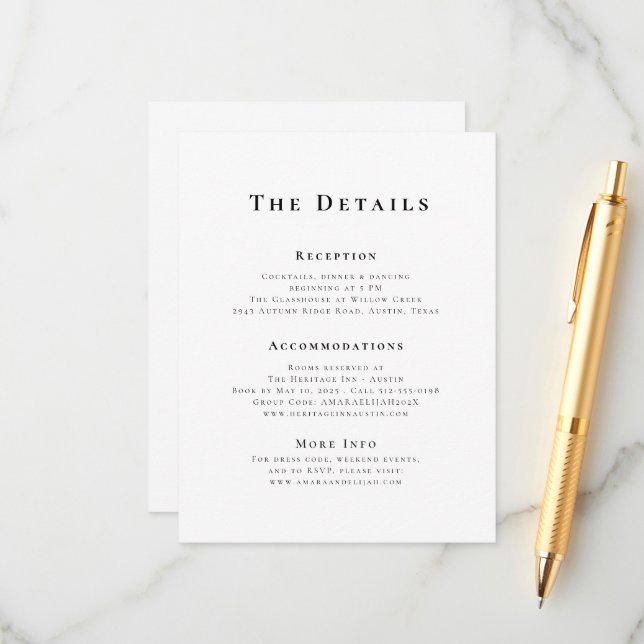 Modern Black and White Minimal Wedding Details Enclosure Card (Front/Back In Situ)