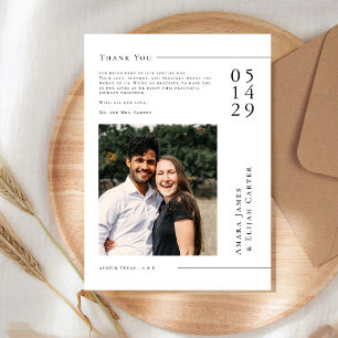 Modern Black and White Minimal Wedding Photo  Thank You Card