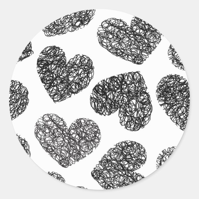 Modern Black and White Minimalist Doodled Hearts  Classic Round Sticker (Front)